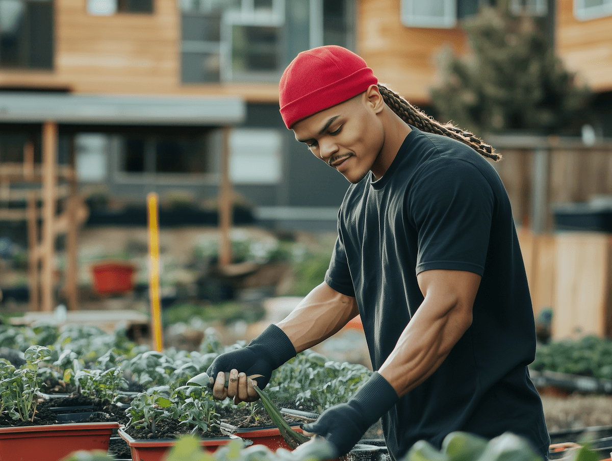 Man gardening wearing cap