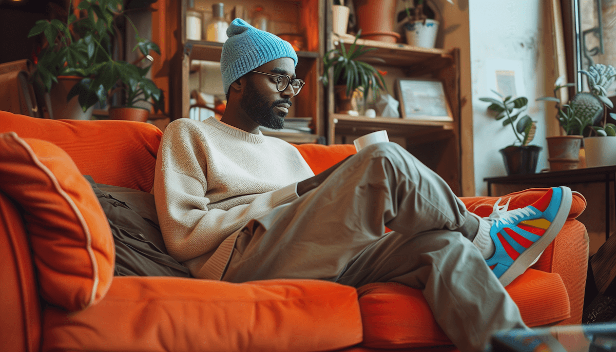 Man relaxing on orange couch